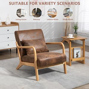Mid-Century Modern Brown Gilded Fabric Upholstered Living Room Accent Chair, Wood Frame Arm Chair with Waist Cushion.