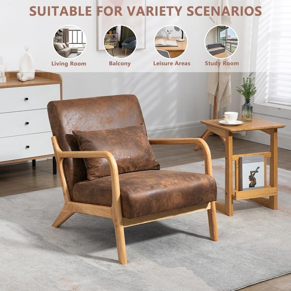 Mid-Century Modern Brown Gilded Fabric Upholstered Living Room Accent Chair, Wood Frame Arm Chair with Waist Cushion.