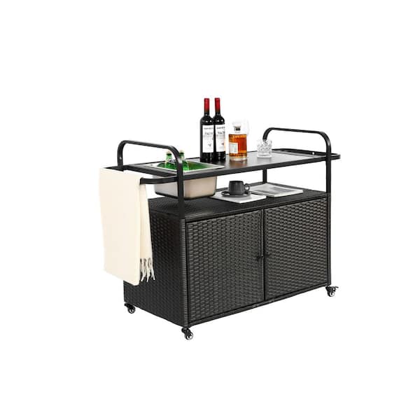 Metal Steel Wicker Outdoor Bar Table Kitchen Cart with