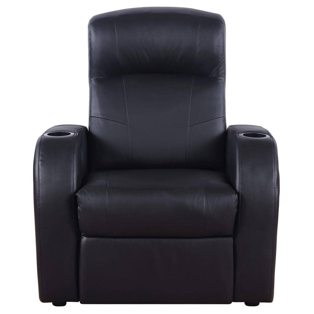 Cyrus Black Leather Manual Reclining Sofa with Cup Holders