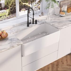 Denbigh White Fireclay 36 in. x 18 in. Farmhouse Apron Single Bowl Kitchen Sink with Bottom Grid and Basket Strainer