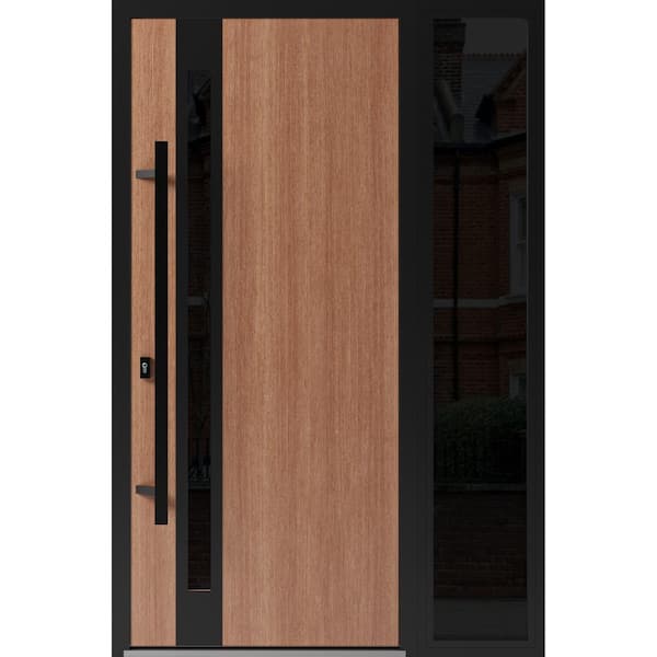 VDOMDOORS 1033 48 in. x 80 in. Right-hand/Inswing Sidelight Tinted Glass Teak Steel Prehung Front Door with Hardware