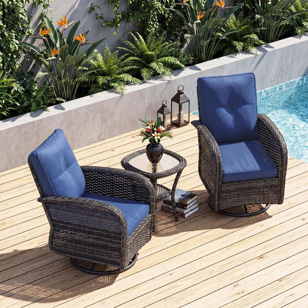 3-Piece Gray Wicker Patio Swivel Outdoor Rocking Chair Set with Blue Cushions and Table price history on PriceWatchPro