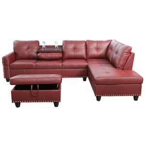 Living-3-Piece-Red-Faux Leather-6 Seats-L-Shaped-Right Facing-Sectionals