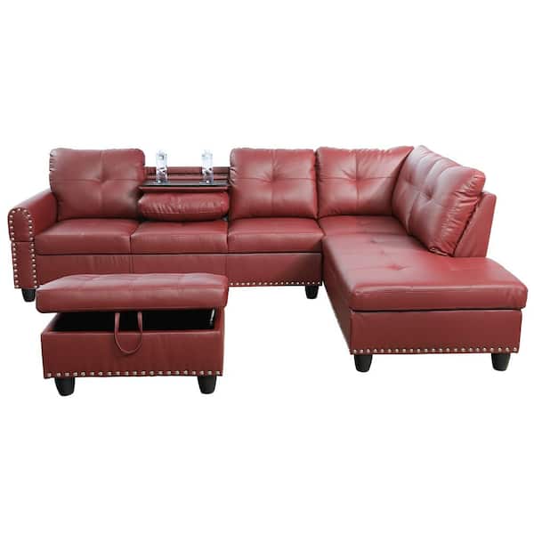Star Home Living 104 in. Square Arm 3-Piece Faux Leather L-Shaped Sectional Sofa in Burgundy