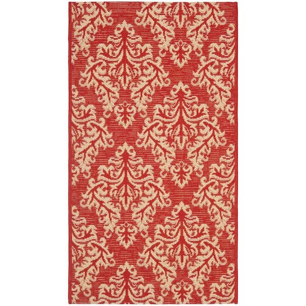 Courtyard Red/Cream Doormat 2 ft. x 4 ft. Floral Indoor/Outdoor Patio Area Rug
