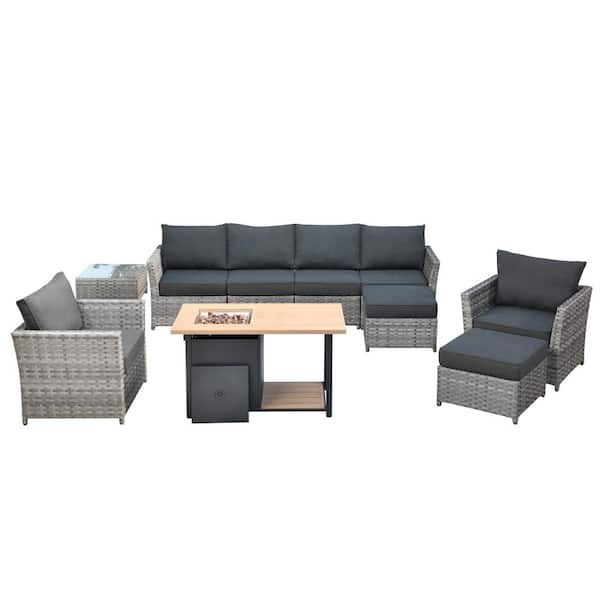 Eufaula Gray 10-Piece Wicker Modern Outdoor Patio Conversation Sofa Set with a Storage Fire Pit and Black Cushions