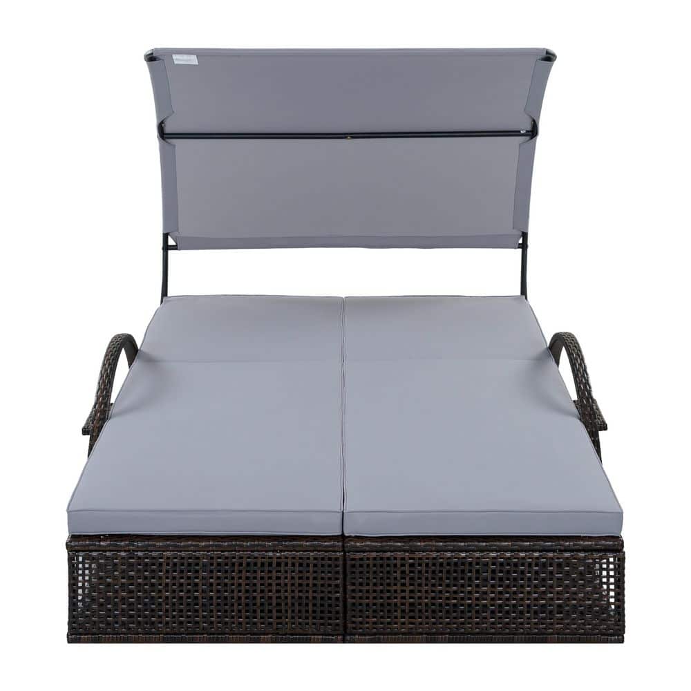 Black Wicker Outdoor Wood Day Bed, Sun Lounger with Gray Cushions, Hidden Side Table and Arched Armrests