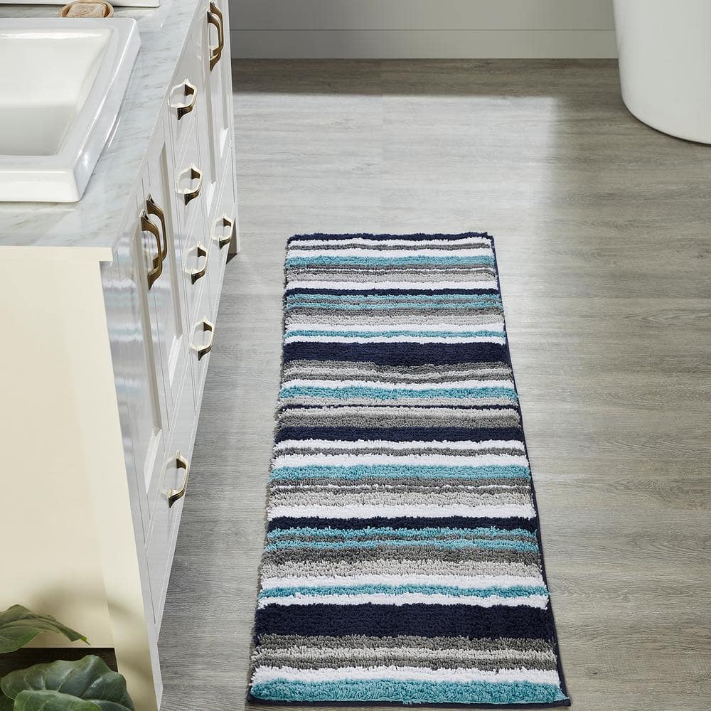 Griffie Blue and Gray Polyester Striped Bath Runner Rug