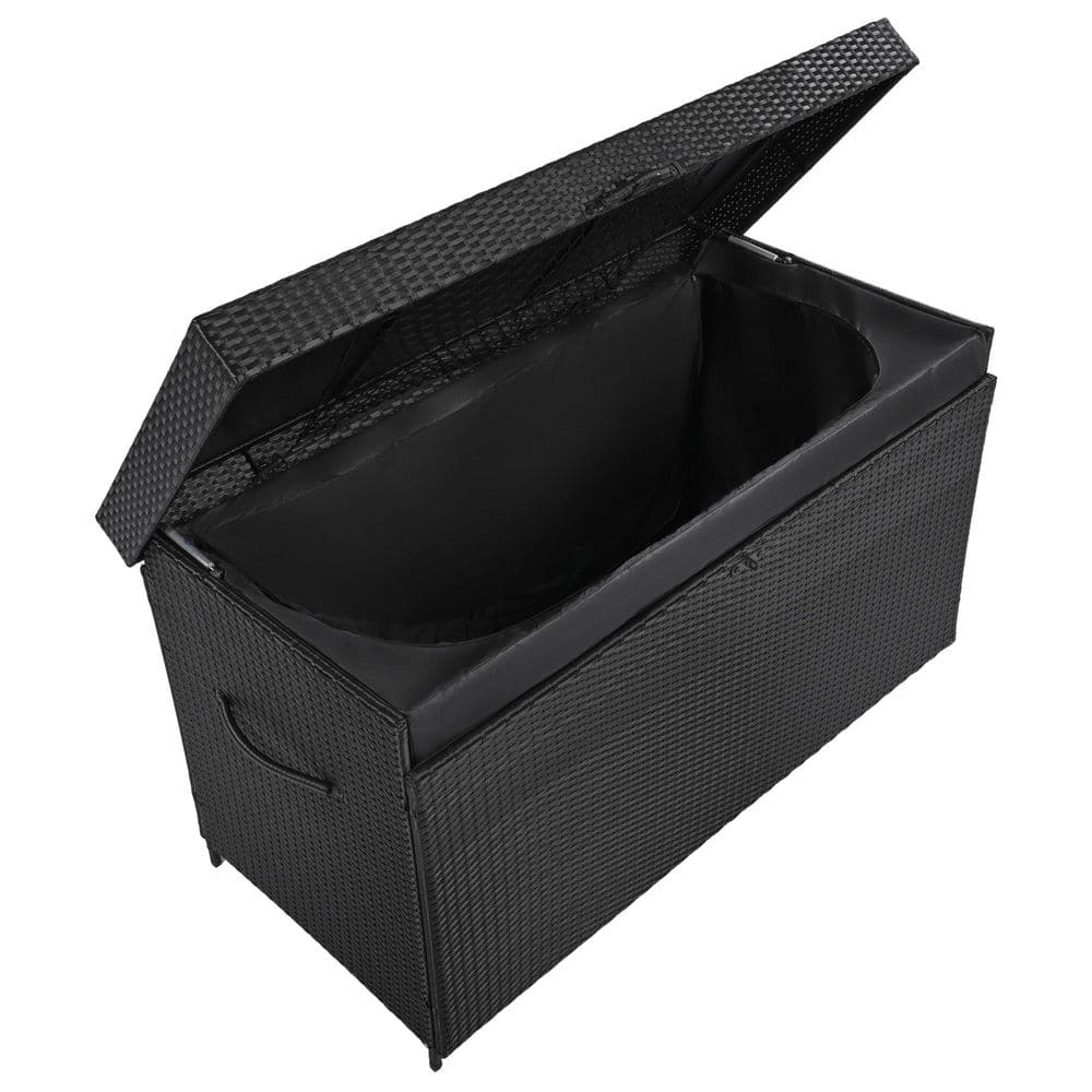 200 Gal. Lockable Black Wicker Deck Box with Wheels, Handle, Rattan Storage