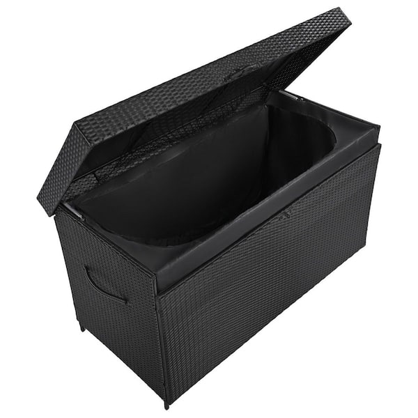 Unbranded 200 Gal. Lockable Black Wicker Deck Box with Wheels, Handle, Rattan Storage Bin