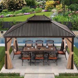 10 ft. x 13 ft. Bronze Aluminum Hardtop Gazebo Canopy for Patio Deck Backyard Heavy-Duty with Netting and Curtains