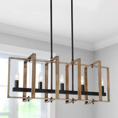 Black Modern Farmhouse Chandelier 5-Light Rectangle Cage Candlestick Kitchen Island Chandelier with Faux Wood Accent