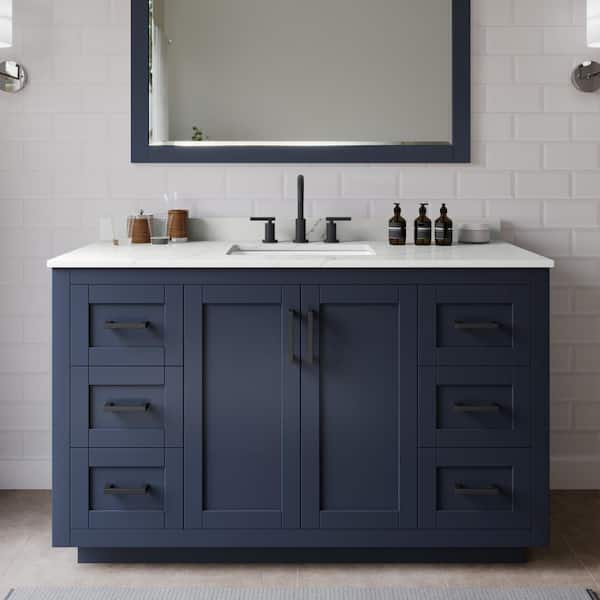 Wyndham Collection Miranda 54 in. W x 22 in. D x 33.75 in. H Single Bath Vanity in Dark Blue with Giotto Quartz Top and 46 in. Mirror