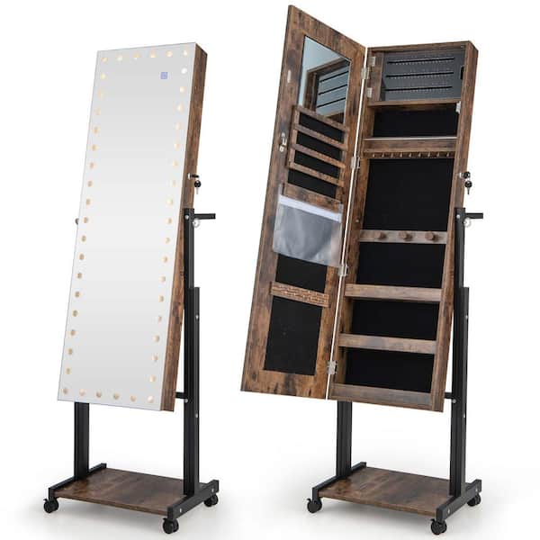 Costway Brown MDF Jewelry Cabinet Armoire Mirror with 3-Color 46 LED Lights and Adjustable Height and Wheels