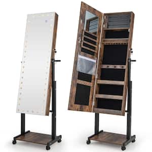 Brown MDF Jewelry Cabinet Armoire Mirror with 3-Color 46 LED Lights & Adjustable Height & Wheels