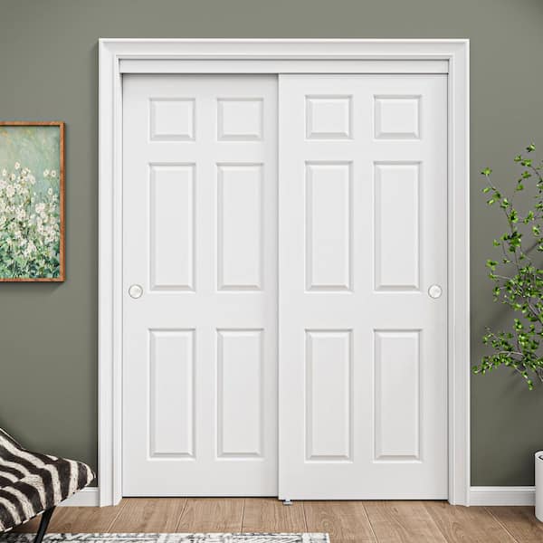 60 in. x 80 in. Paneled 6-Lite White Primed MDF Composite Sliding Door with Hardware