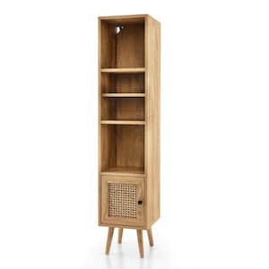 Natural Rattan Storage Cabinet Freestanding Slim Organizer Wood Display Rack Living Room
