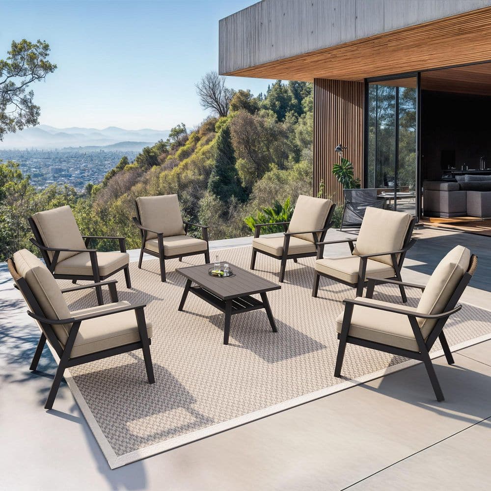 7 Piece Patio Furniture Set with Cushions Metal Patio Conversation Sets with 6 Armchairs and Coffee Table Patio Sofa Set price history on PriceWatchPro