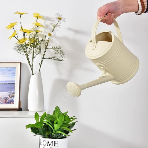 OGETFUUR 0.5 gal. Beige Plastic Watering Can for Indoor House Plants Outdoor Garden Flowers with Sprinkler Head
