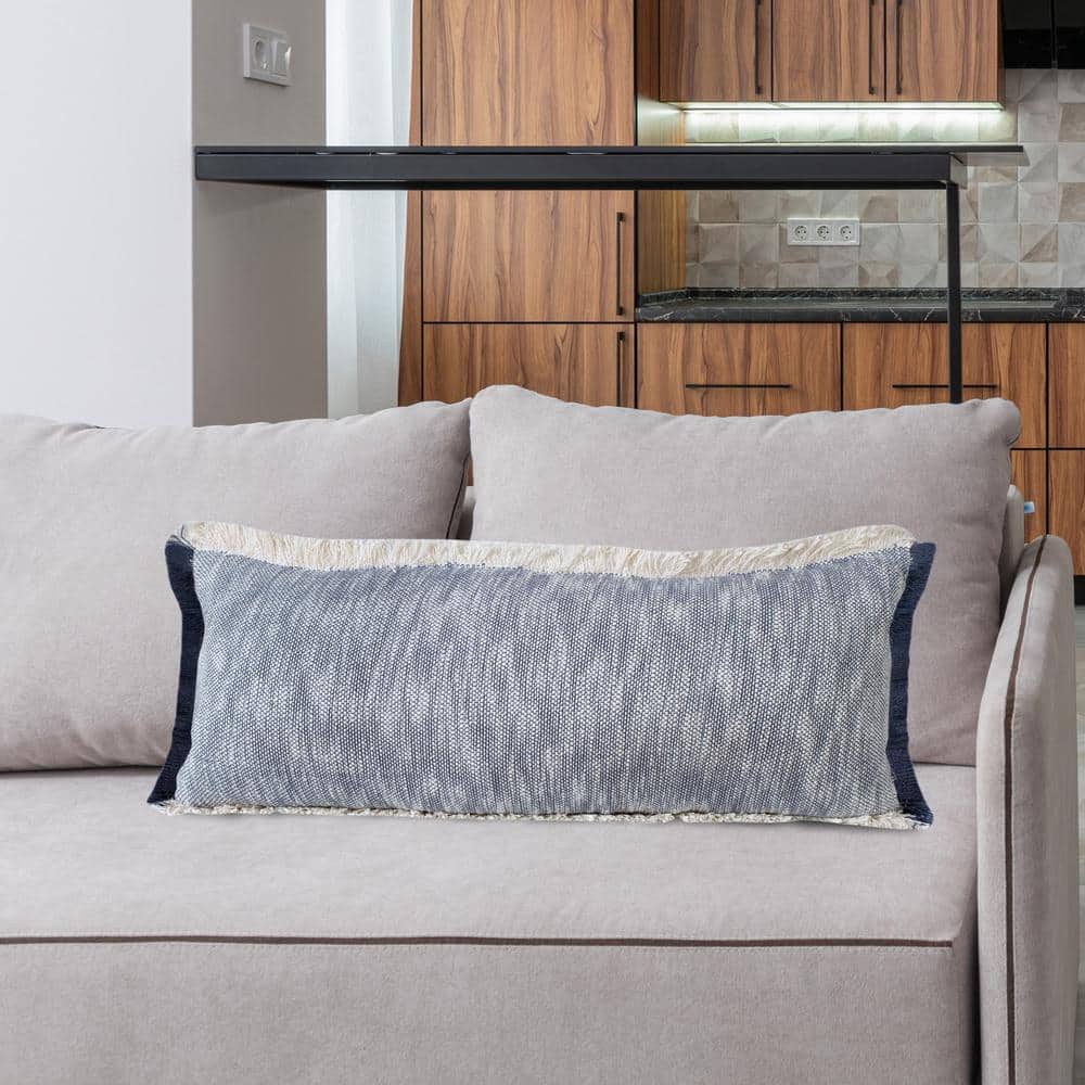 Navy Blue and White Cotton Lumbar Pillow with Fringe