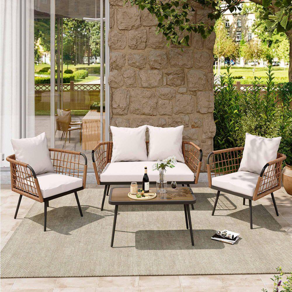 Yardgrace 4-Piece Outdoor Rattan Metal Conversation Sets Set with 2 ...