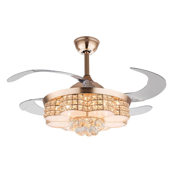 OUKANING 42 in. Indoor Gold Modern Crystal Reversible Ceiling Fan with 3-Color Integrated LED and Remote