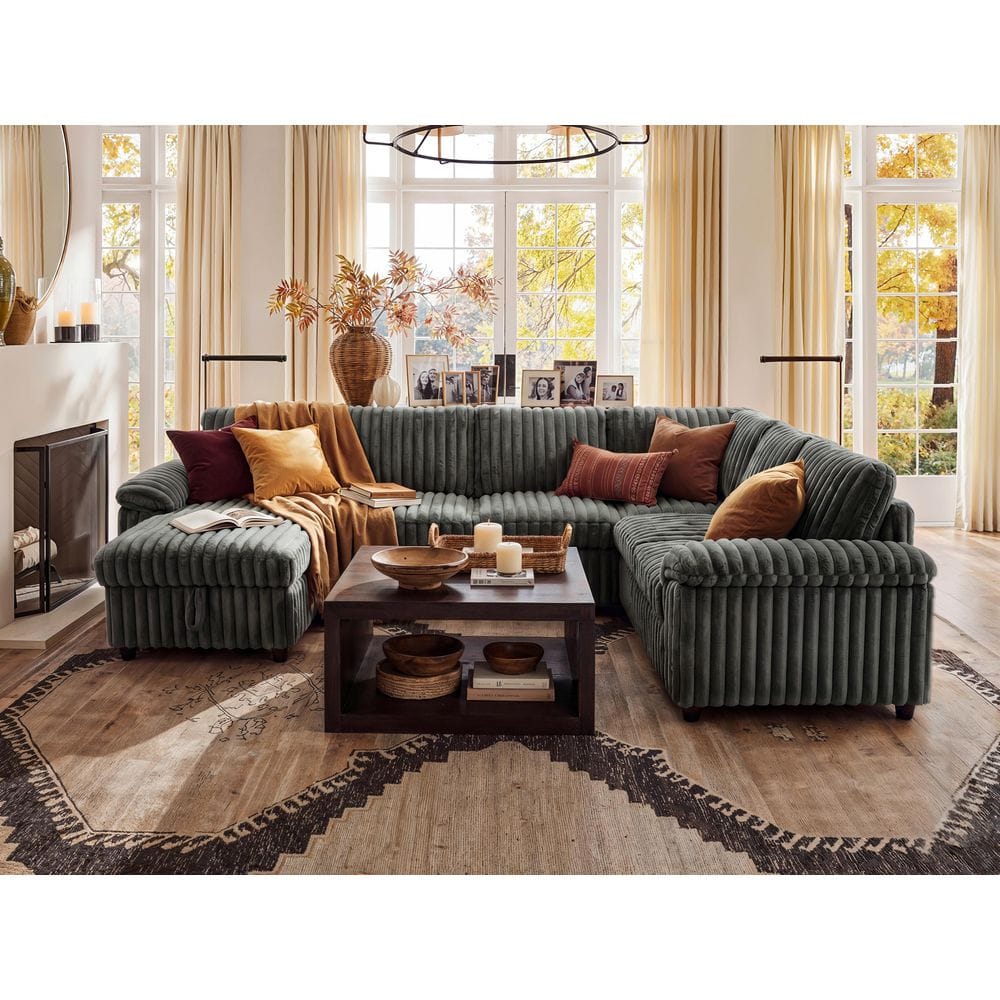 FUFU&GAGA 112 in. Square Arm Corduroy Fabric L-Shaped Storage Sofa