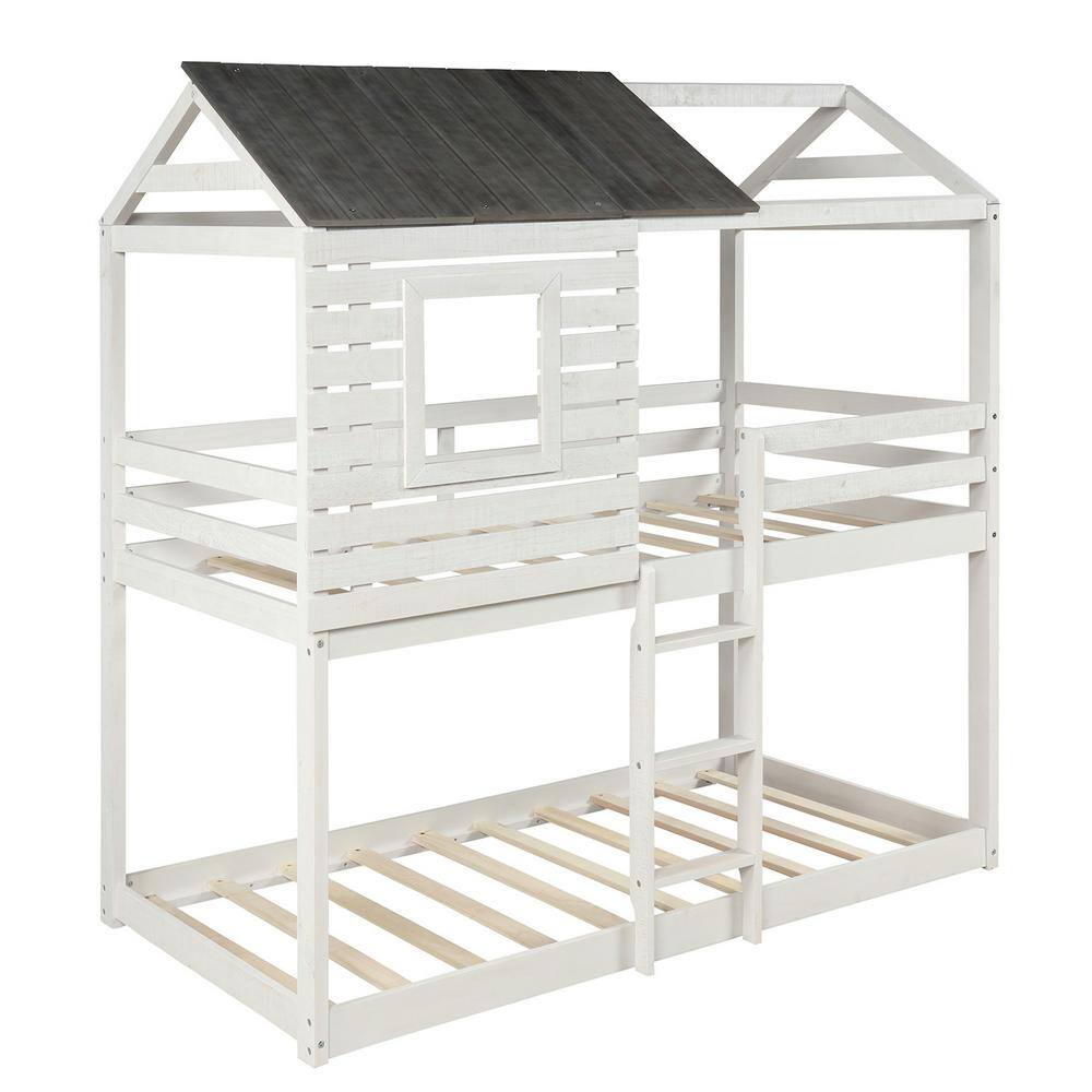 GOSALMON Antique White Twin Over Twin Bunk Bed Wood Loft Bed Bedroom ...