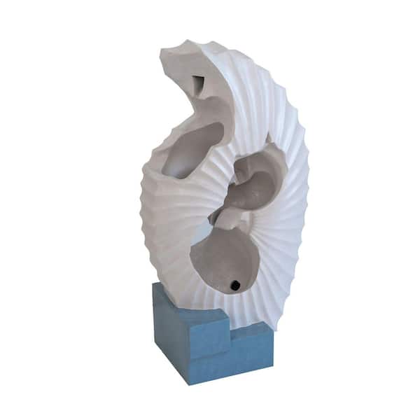 31.9 in. White Abstract with Blue Base Water Tiered Fountain with Blue Base with Light