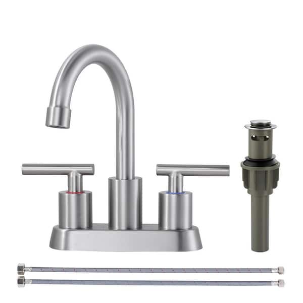 Modern 4 in. Centerset Double Handle High Arc Bathroom Sink Faucet with Pop-Up Drain in Brushed Nickel