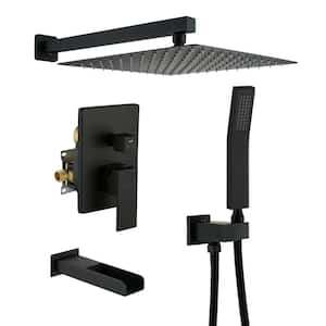 1-Spray Patterns with 2.5 GPM 12 in. Wall Mount Dual Shower Heads with Tub Spout, Pressure Balance Valve in Matte Black
