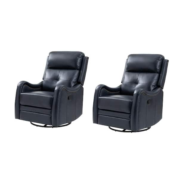 JAYDEN CREATION Gema Navy Genuine Leather Swivel Rocker Recliner with Nailhead Trims for Living Room (Set of 2)