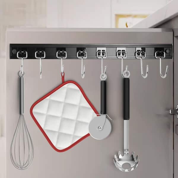 17 in. Wall Mounted Utensil Pot Racks Holders Hanging with 8 Hooks for Kitchen Cooking Storage, Black (2-Pack)