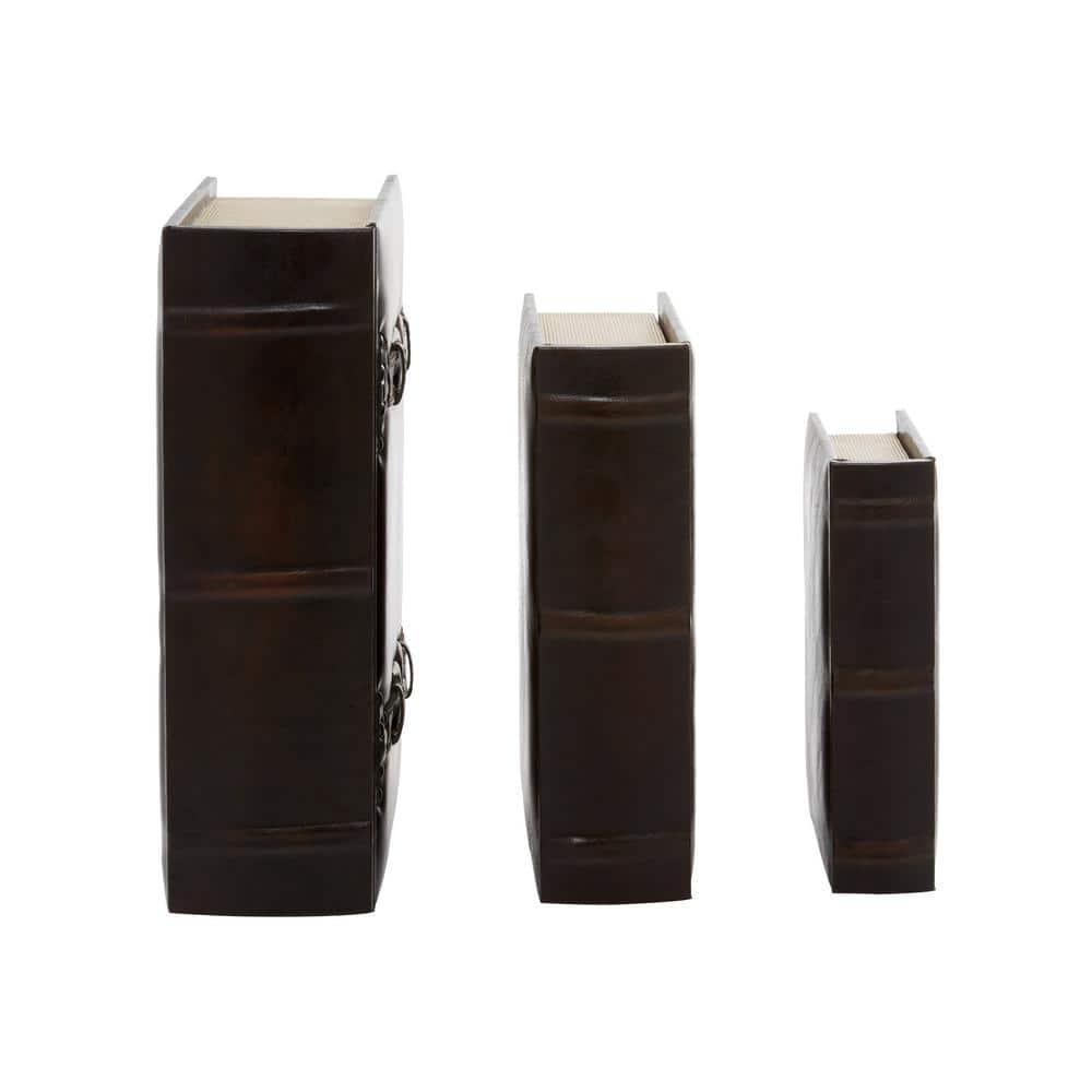 Dark Brown Faux Leather Book Shaped Decorative Storage Boxes, Set of 3