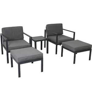 Black 5-Piece Aluminum Alloy Patio Conversation Set with Grey Cushions and with Coffee Table and Stools for Poolside