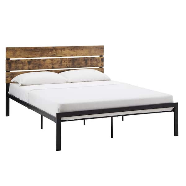HomeSullivan Black Metal Frame Queen Platform Bed with Wood Finish Panels