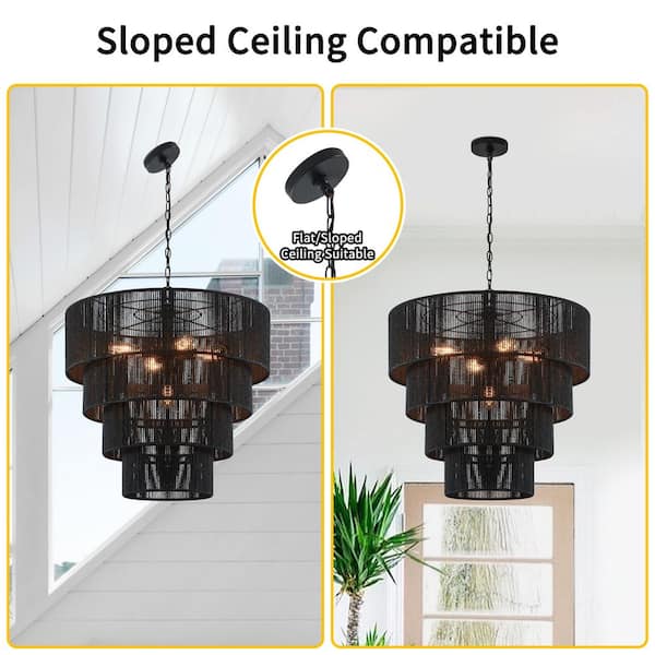 5-Light Black Oversize 4-Tiered Pendant Light with Rattan Shade