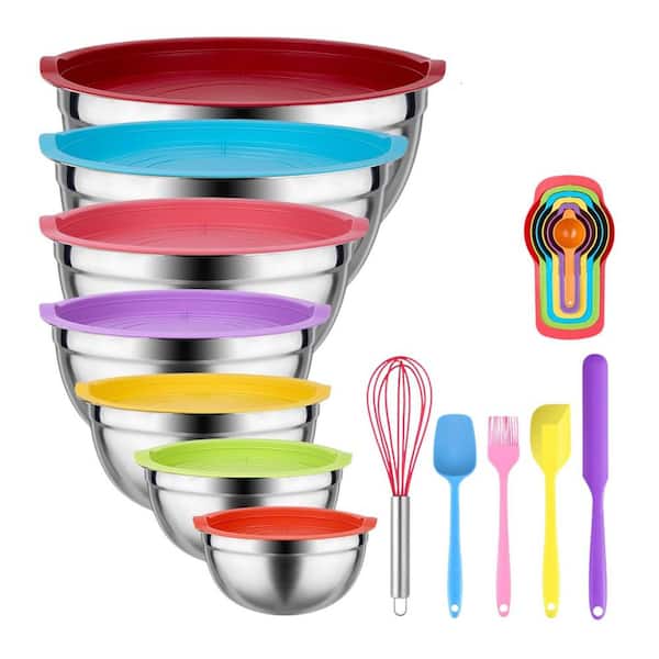 Stainless Steel Mixing Bowls Set with Lids-7 Sizes (5QT to 0.7QT) and 11 Cooking Utensils for Baking, Mixing and Serving