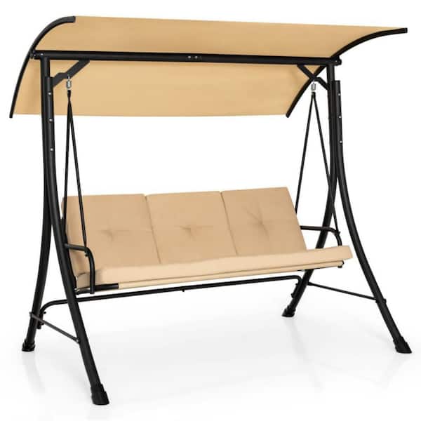 Kadehome 3-Person Black Metal Patio Swing Chair with Adjustable Canopy and Cushion in Beige