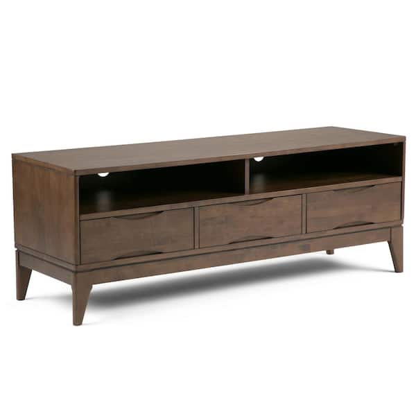 Simpli Home Harper 60 in. W Walnut Brown Solid Wood Mid Century Modern TV Stand with 3 Drawer Fits TVs Up to 65 inch