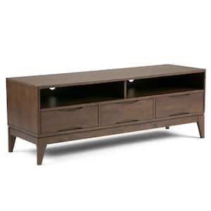 Harper 60 in. W Walnut Brown Solid Wood Mid Century Modern TV Stand with 3 Drawer Fits TVs Up to 65 inch