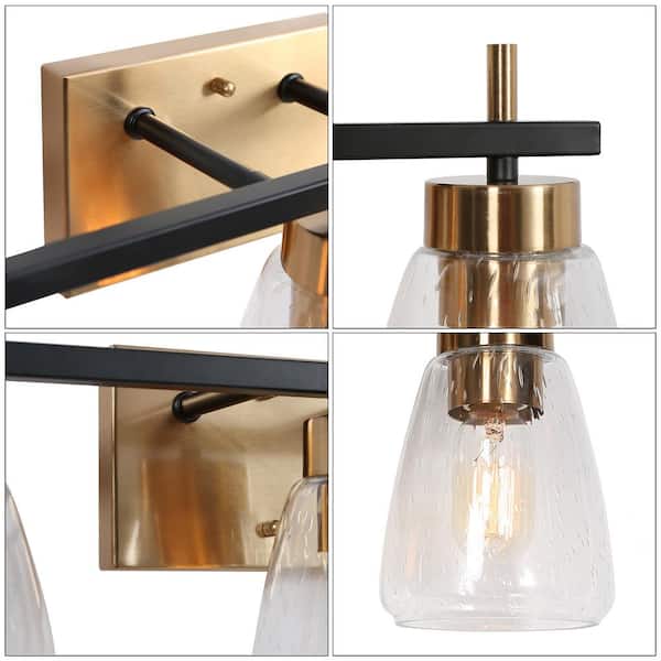 Uolfin 13 in. 2-Light Transitional Black and Brass Bathroom Vanity Light  with Textured Glass Shades 628C8IEIZN385W2 - The Home Depot