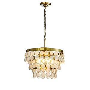 4-Light 17.7 in. Round Coastal Capiz Shells Tiered Antique Gold Chandelier With Natural Seashell