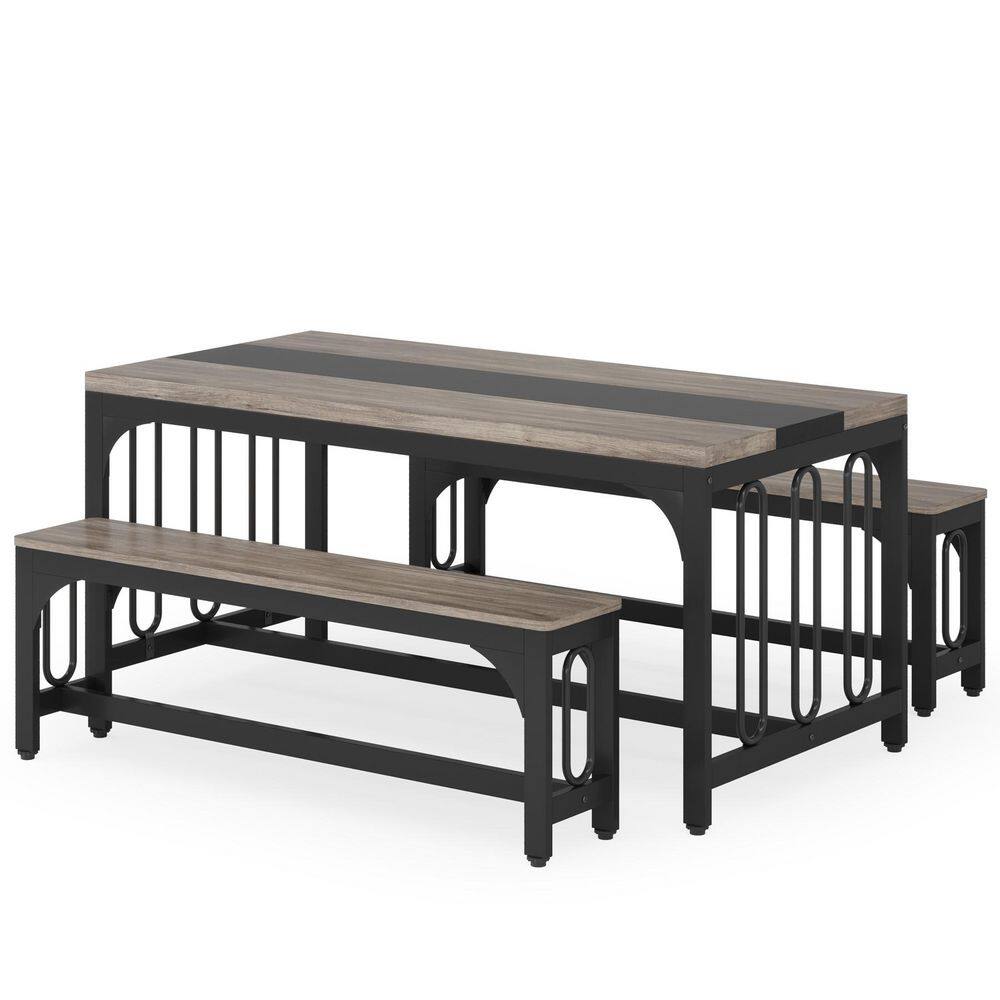 Roesler 3-Piece Gray Wood Dining Table with Bench Seats 4-6 Kitchen Table Dining Room Table Home and Living Room