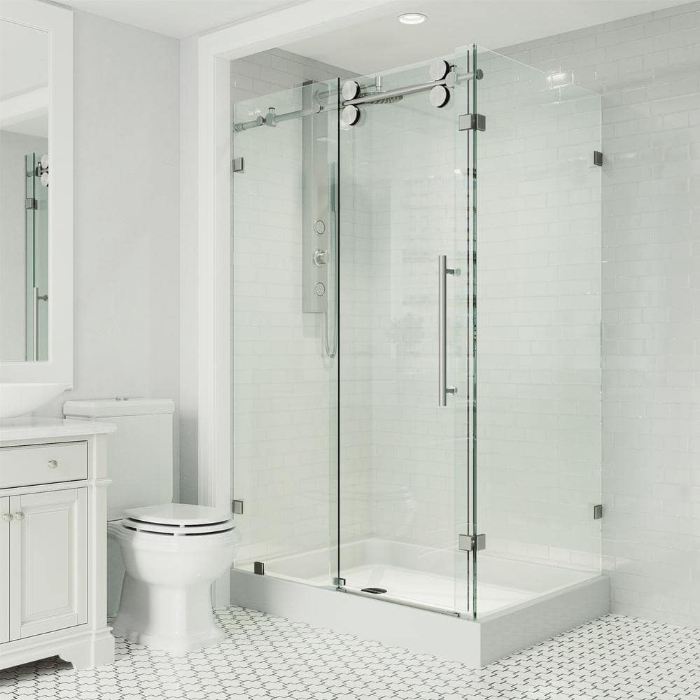 Winslow 46" Black Frameless Sliding Shower Enclosure with Clear Glass
