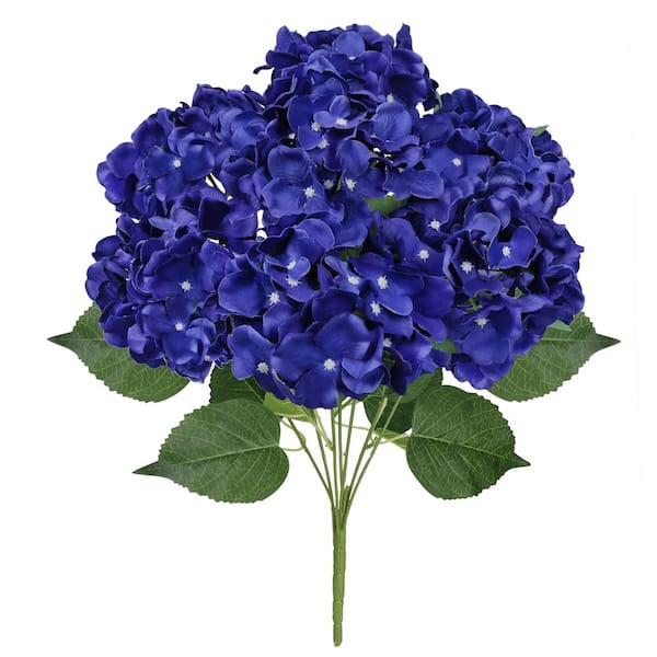 LIVING LUXURY 20 in. Deluxe Royal Blue Artificial Hydrangea Flower Stem Bush Bouquet (Set of 2)