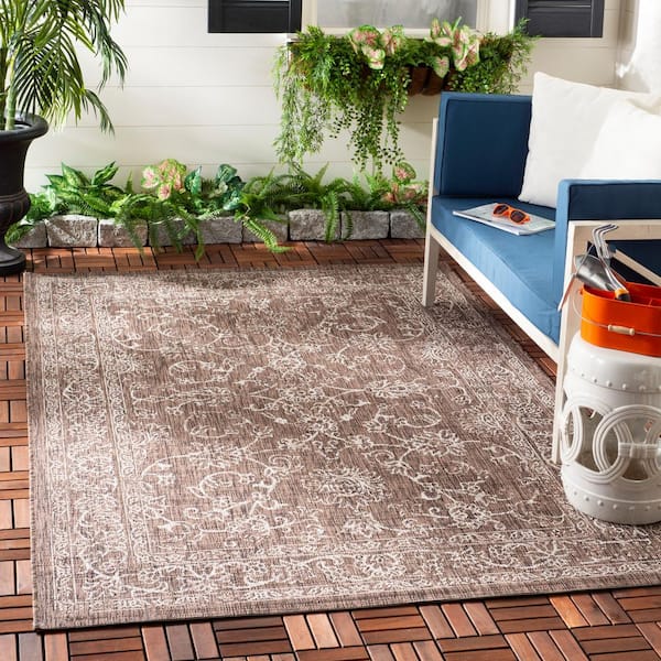 Courtyard Brown/Ivory 8 ft. x 11 ft. Border Indoor/Outdoor Patio  Area Rug