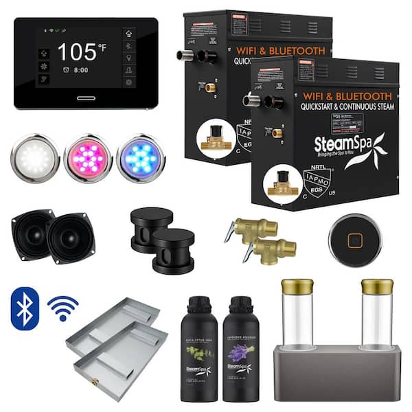 SteamSpa Black Series 15kW Steam Bath Generator with Wireless Control Bluetooth/Wifi Operation and Auto Drain in Matte Black