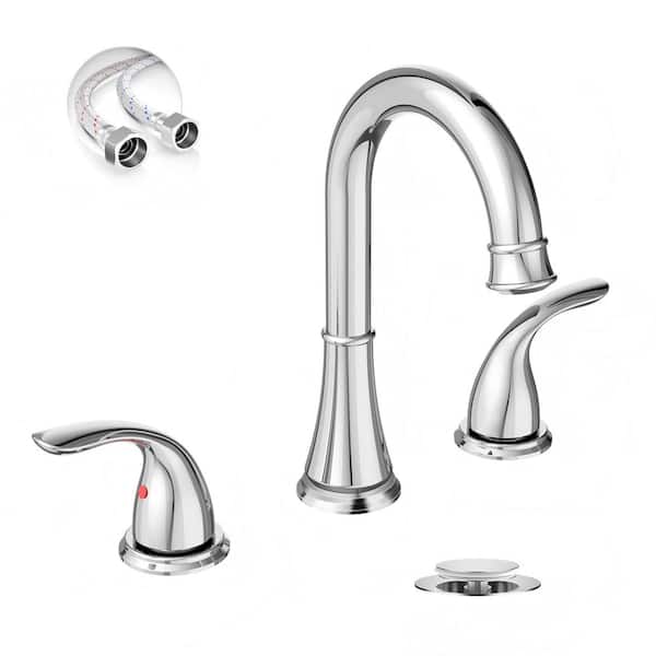 8 inch 2 Handle Chrome Widespread Bathroom Faucets, 3 Hole Bathroom Sink Faucet with Pop-Up Drain and Water Supply Lines